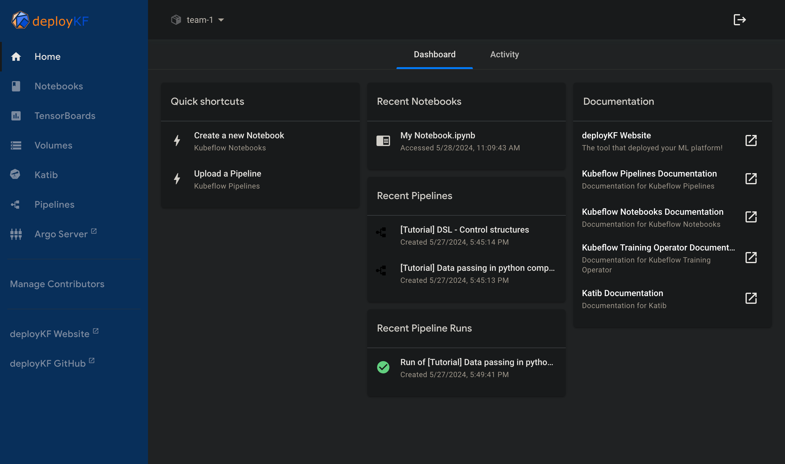 deployKF Dashboard (Dark Mode)